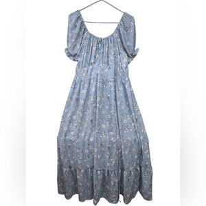 Inspired Hearts Casual Blue White Pink Floral Shirred Split Thigh Midi Dress 2X